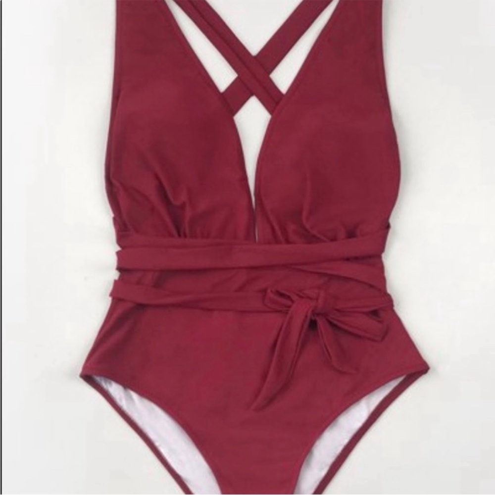 Cupshe Deep Red Wrap One-Piece Swimsuit - Picture 4 of 5